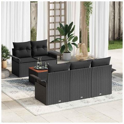 Set Divano Giardino 6 Pezzi con Cuscini Nero Polyrattan Acacia, Divano Giardino 2 Posti con Ripostiglio & Cuscini Nero Polyrattan - Foto 2