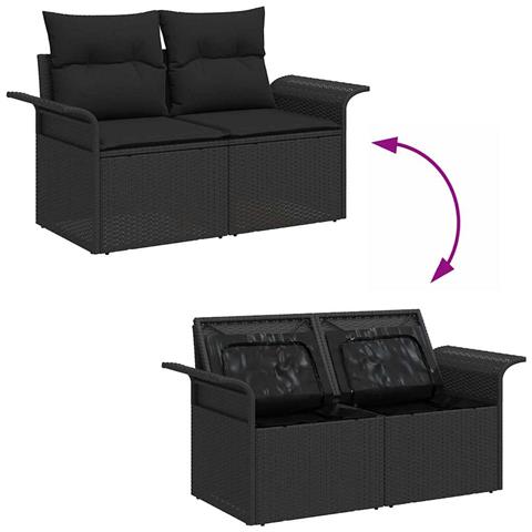 Set Divano Giardino 6 Pezzi con Cuscini Nero Polyrattan Acacia, Divano Giardino 2 Posti con Ripostiglio & Cuscini Nero Polyrattan - Foto 9