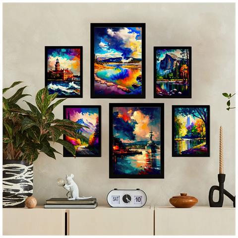 Set Di 6 Stampe Nuvole In Stile Dipinto A Olio. Illustrazioni Di Monumenti E Città In Stile Fotografico A Colori. A3 & A4 Cornice Nera - Foto 5