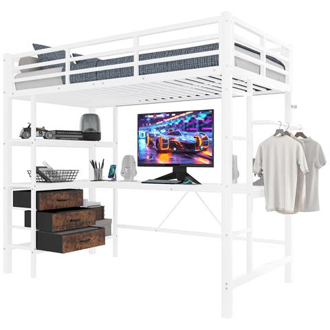 Letto Soppalco 90x200 Con Scrivania, 3 Cassetti, Led E Prese Usb - Foto 1