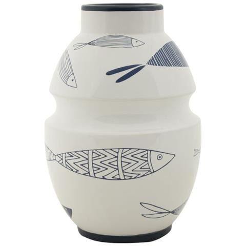 Vaso Fish In Ceramica Bianca Con Decoro A Pesci Blu 15x24 Cm - Foto 1