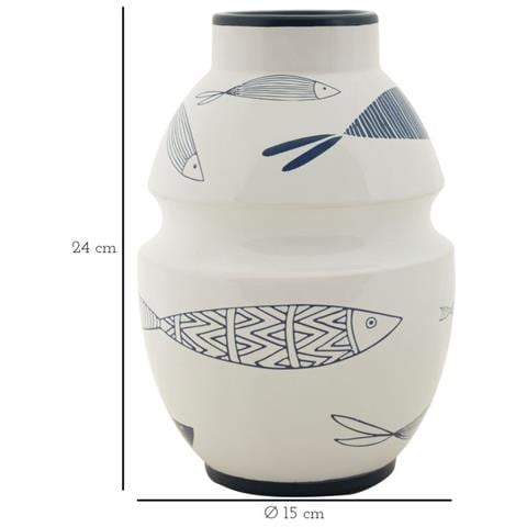 Vaso Fish In Ceramica Bianca Con Decoro A Pesci Blu 15x24 Cm - Foto 6