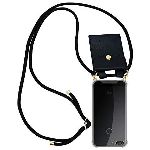 Catena Di Telefoni Cellulari Compatibile Con Huawei P Smart 2018 / Enjoy 7s In Nero - Coperchio Protettivo In Silicone Con Anelli D'oro, Cinturino In Corda E Custodia Staccabile - Foto 1