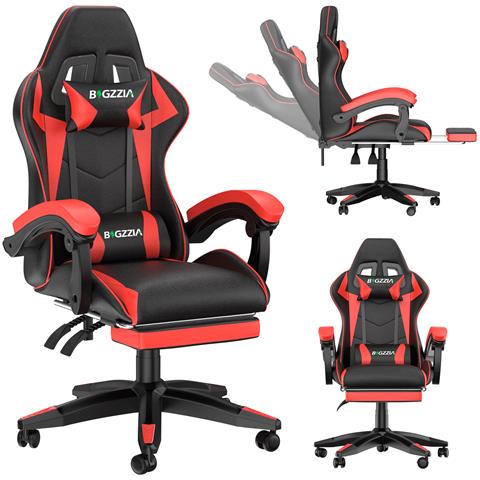 Sedia Gaming Con Poggiapiedi Telescopico, Sedia Girevole Ergonomica, Sedie Da Gamer, Schienale Regolabile 90-155°, Racing Sedia Con Cuscino Lombare & Poggiatesta, Rosso - Foto 1