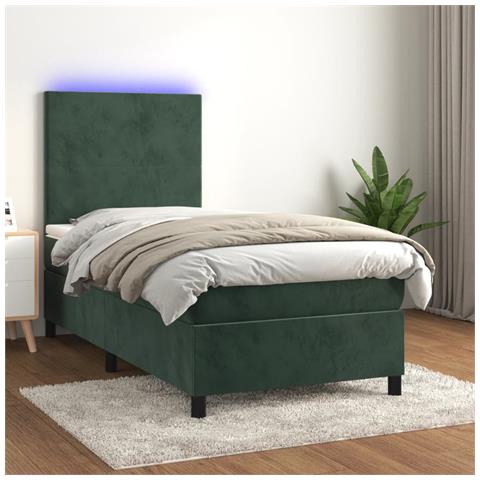 Letto a Molle con Materasso e LED Verde Scuro 90x200cm Velluto - Foto 8