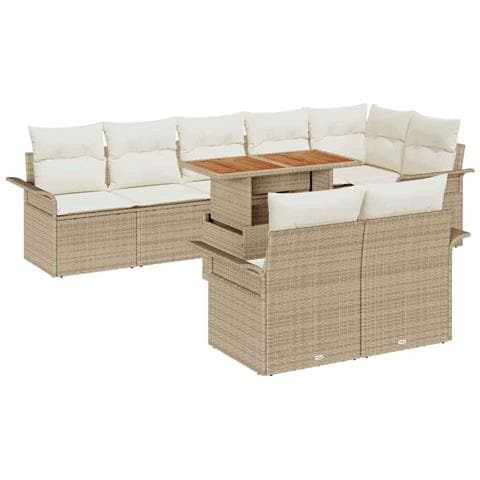 Set da Pranzo da Giardino a 9 Pezzi di con Cuscini Beige Polyrattan Acacia - Foto 1