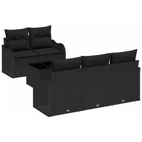 Set Divano Giardino 6 Pezzi con Cuscini Nero Polyrattan, Divano Giardino 2 Posti con Ripostiglio e Cuscini Nero Polyrattan - Foto 1