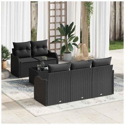 Set Divano Giardino 6 Pezzi con Cuscini Nero Polyrattan, Divano Giardino 2 Posti con Ripostiglio e Cuscini Nero Polyrattan - Foto 2