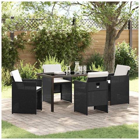 Set da Pranzo per Giardino con cuscino 5 pcs Nero Poly Rattan - Foto 2
