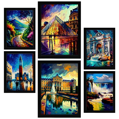 Set Di 6 Stampe Angoli In Stile Dipinto A Olio. Illustrazioni Di Monumenti E Città In Stile Fotografico A Colori. A3 & A4 Cornice Nera - Foto 1