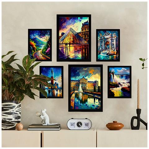 Set Di 6 Stampe Angoli In Stile Dipinto A Olio. Illustrazioni Di Monumenti E Città In Stile Fotografico A Colori. A3 & A4 Cornice Nera - Foto 5