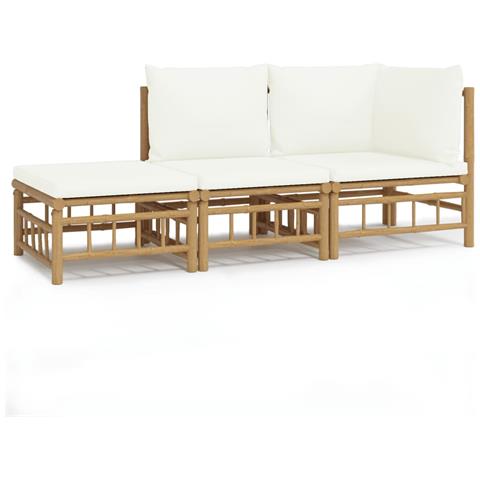 Set Salotto da Giardino 3pz con Cuscini Bianco Crema in Bambù - Foto 1
