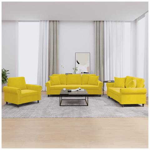 Set Di Divani 3 Pz Con Cuscini Giallo In Velluto - Foto 1