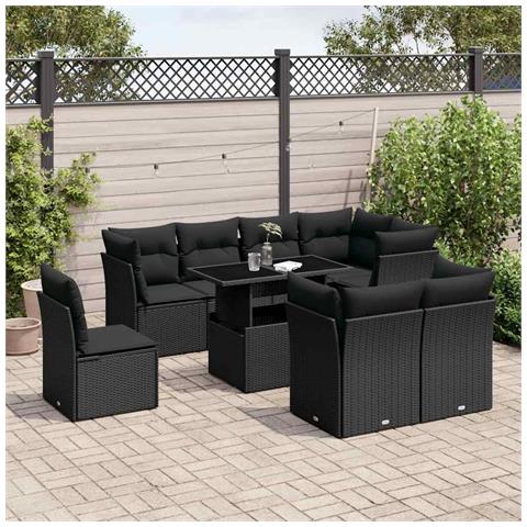 Set Divani Da Giardino 9 Pz Con Cuscini Nero In Polyrattan - Foto 1