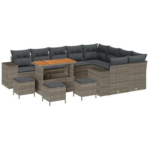 Set di Divani da Giardino  da 13 Pezzi con Cuscini Grigio Polyrattan Acacia, Set di Tavolo da Giardino  da 4 Pezzi con Cuscini Grigio Polyrattan Acacia - Foto 1
