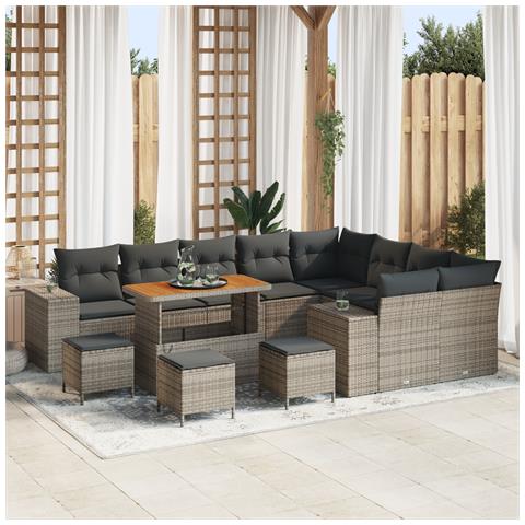Set di Divani da Giardino  da 13 Pezzi con Cuscini Grigio Polyrattan Acacia, Set di Tavolo da Giardino  da 4 Pezzi con Cuscini Grigio Polyrattan Acacia - Foto 2