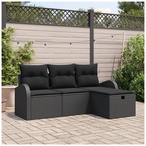 Set di divani da giardino a 4 pezzi con cuscini neri in polyrattan - Foto 2