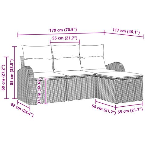 Set di divani da giardino a 4 pezzi con cuscini neri in polyrattan - Foto 9
