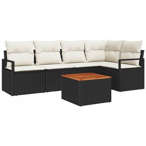 Set Divano Giardino 6 Pezzi con Cuscini Nero Rattan Polietilene Acacia, Divano Giardino 2 Posti con Cuscini Nero Rattan Polietilene - Foto 1