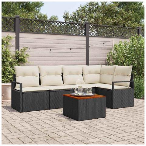 Set Divano Giardino 6 Pezzi con Cuscini Nero Rattan Polietilene Acacia, Divano Giardino 2 Posti con Cuscini Nero Rattan Polietilene - Foto 2