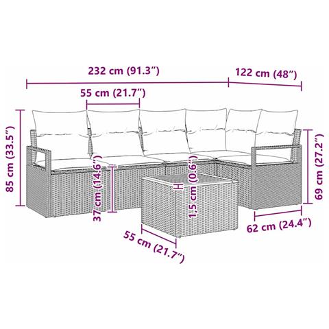 Set Divano Giardino 6 Pezzi con Cuscini Nero Rattan Polietilene Acacia, Divano Giardino 2 Posti con Cuscini Nero Rattan Polietilene - Foto 9