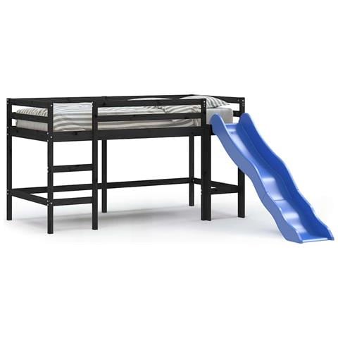 Letto Soppalco con Scivolo Bambini Nero 80x200cm Massello Pino - Foto 1