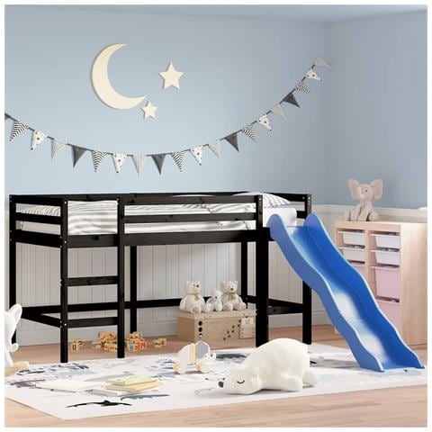 Letto Soppalco con Scivolo Bambini Nero 80x200cm Massello Pino - Foto 2