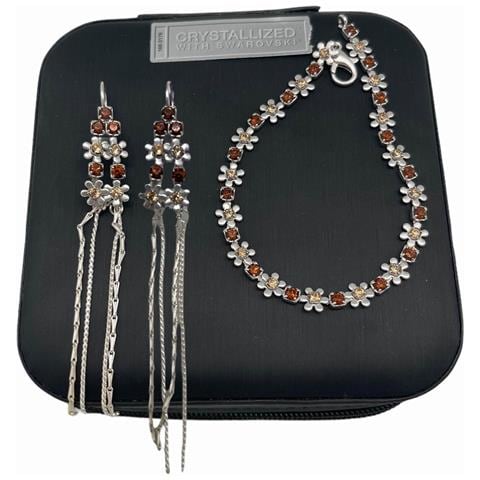 Cofanetto Portagioie Da Viaggio E Set Di Orecchini Lunghi E Bracciale In Cristallo Sw Con Dettagli Floreali. Argento Sterling 7-10 Micron Color Topazio. - Foto 1