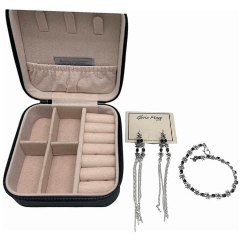 Cofanetto Portagioie Da Viaggio E Set Di Orecchini Lunghi E Bracciale In Cristallo Sw Con Dettagli Floreali. Argento Sterling 7-10 Micron Color Topazio. - Foto 6