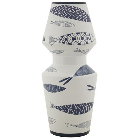 Vaso Fish Double In Ceramica Bianca Con Decoro A Pesci Blu 14x34 Cm - Foto 1