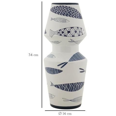 Vaso Fish Double In Ceramica Bianca Con Decoro A Pesci Blu 14x34 Cm - Foto 7