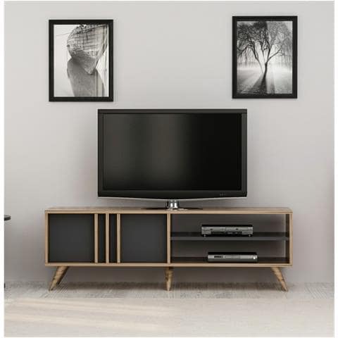 Mobile Porta Tv Rilla Moderno - Con Ante, Ripiani - Da Salotto - Noce, Antracite In Legno, 150 X 35 X 48 Cm - Foto 1