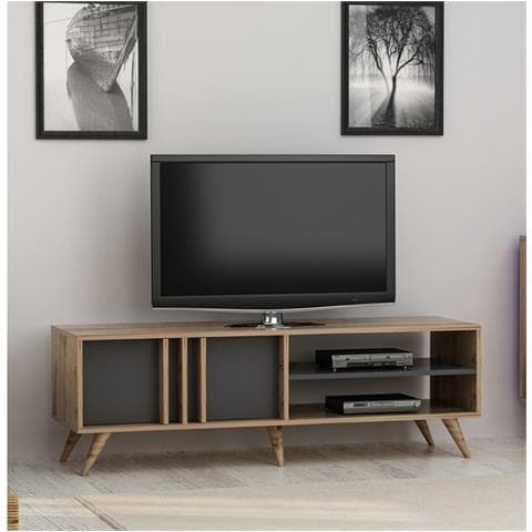 Mobile Porta Tv Rilla Moderno - Con Ante, Ripiani - Da Salotto - Noce, Antracite In Legno, 150 X 35 X 48 Cm - Foto 2