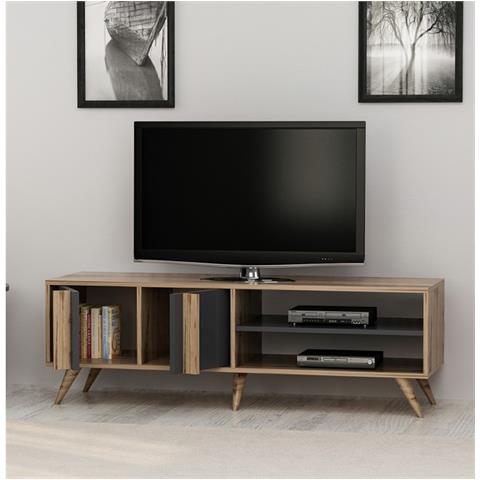 Mobile Porta Tv Rilla Moderno - Con Ante, Ripiani - Da Salotto - Noce, Antracite In Legno, 150 X 35 X 48 Cm - Foto 3
