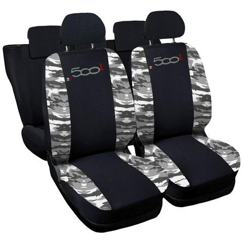 Coprisedili Auto Compatibili Per 500l, Made In Italy, Set Di Copri Sedili Anteriori E Posteriori (unico Colore) Con Copri Poggiatesta Incluso, Tessuto Poliestere, Colore - Nero \mimetico Chiaro - Foto 1