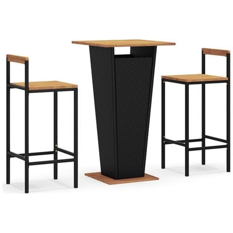 Set Bar Giardino 3 pz Nero Polyrattan e Legno Massello Acacia - Foto 1