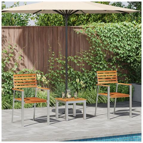 Set Pranzo Giardino  3 Pz Legno Teak Massello, Sedie Giardino Impilabili  2 pz Legno Teak Massello e Acciaio - Foto 2