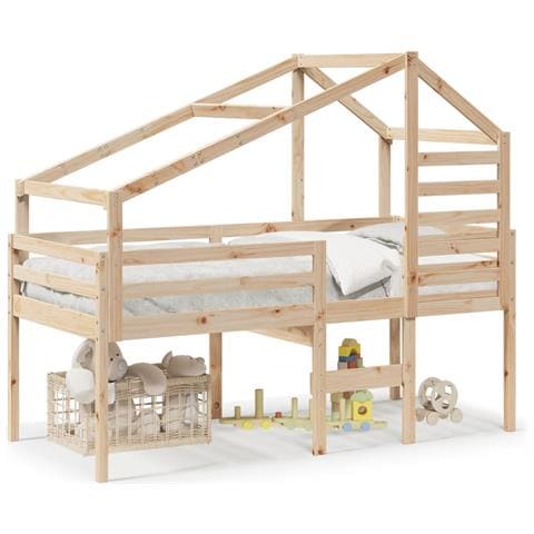 Letto a Soppalco con Tetto 90x190 cm Legno Massello di Pino - Foto 1