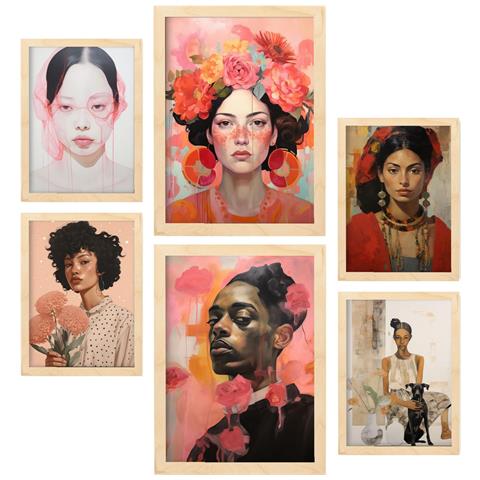 Set Di 6 Stampe Modelli Ritratti In Versatili Dipinti Decorativi Estetici Per Il Tuo Soggiorno, Camera Da Letto, Casa A3 & A4 Telaio In Legno Chiaro - Foto 1