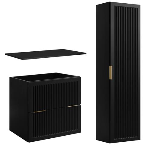 Set di mobili da bagno in stile moderno, beige opacoMobilesottolavabo da 60 cmMobilealto da 136 cm, Frontali scanalati - Foto 1