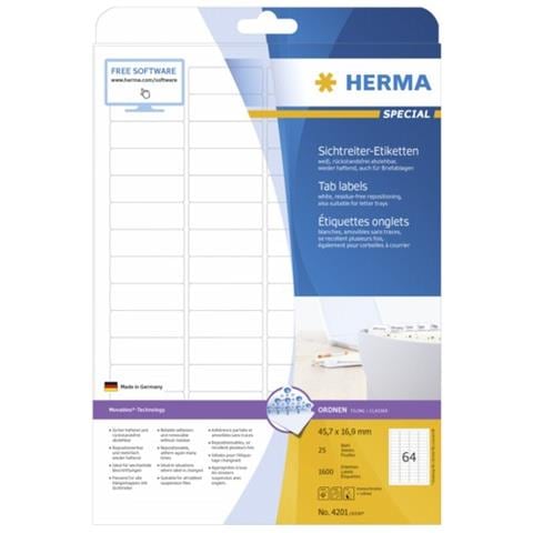 Tab labels withe 45,7x16,9 SuperPrint, Bianco, Labels / pack - 1600 pcs. Sheets / pack -25 pcs, 45, 7 x 16, 9 mm, A4 sheets - Foto 2