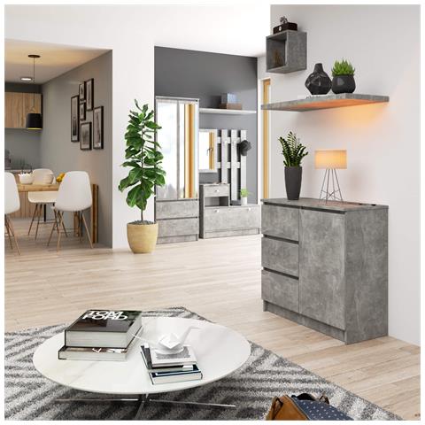 Cassettiera JERRY, 1 anta e 3 cassetti, 80x35x77 cm, Colore Grigio Cemento - Foto 4