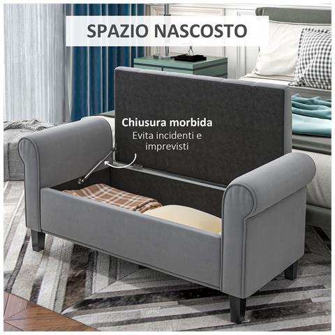 Panca Fondo Letto In Tessuto Vellutato Con Spazio Portaoggetti E Braccioli, 126x48.5x57 Cm, Grigio - Foto 6