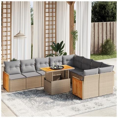 Set Divano Da Giardino 10 Pz Con Cuscini Beige In Polyrattan - Foto 3