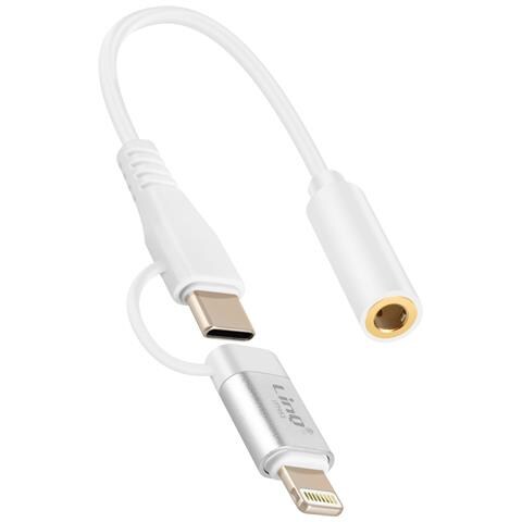 Adattatore Audio Jack 3,5mm Femmina A Lightning E Usb C Maschio, Bianco - Foto 1