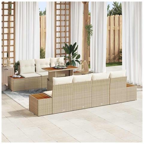 Set da Pranzo da Giardino con 8 Pezzi e Cuscini Beige in Rattan Finto e Acacia - Foto 2