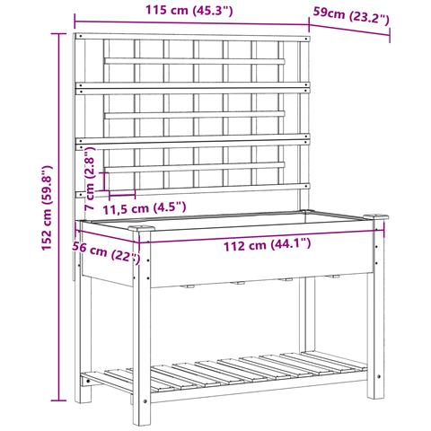 Fioriera da giardino con traliccio e ripiano 115x59x152 cm in legno massello di abete - Foto 9