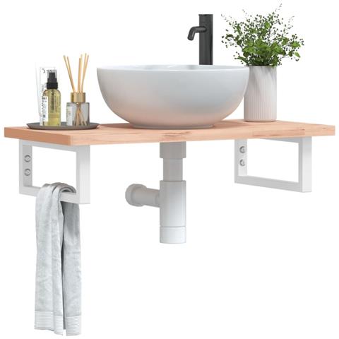 Ripiano a Parete per Lavabo in Acciaio e Massello di Faggio - Foto 2