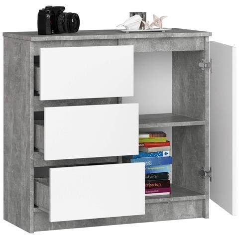Cassettiera JERRY, 1 anta e 3 cassetti, 80x35x77 cm, Colore Grigio Cemento e Bianco - Foto 2