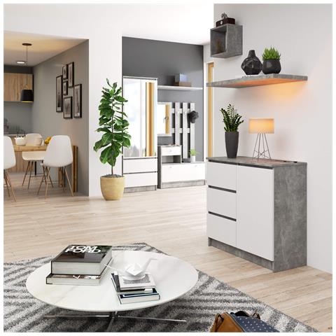 Cassettiera JERRY, 1 anta e 3 cassetti, 80x35x77 cm, Colore Grigio Cemento e Bianco - Foto 4